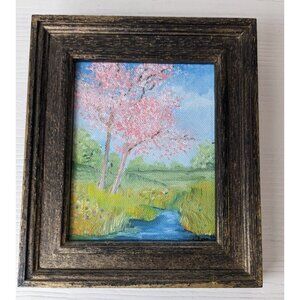 Vintage Small cheery blossom tree river Landscape Scene Oil Painting Framed